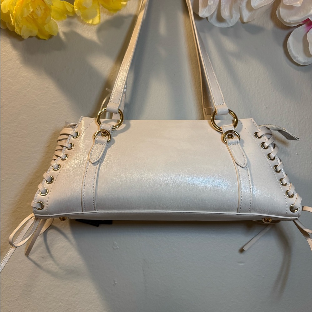 Cream Shoulder Bag with Lace-Up Side Detail - Picture 2 of 13